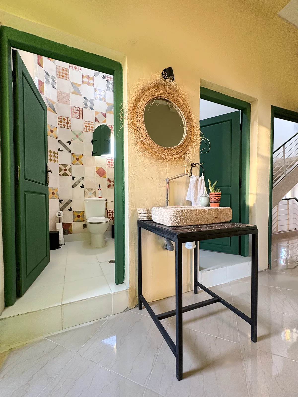 Clean shared bathroom at Taghazout Surf Villa, part of the all-inclusive surf accommodation in Morocco
