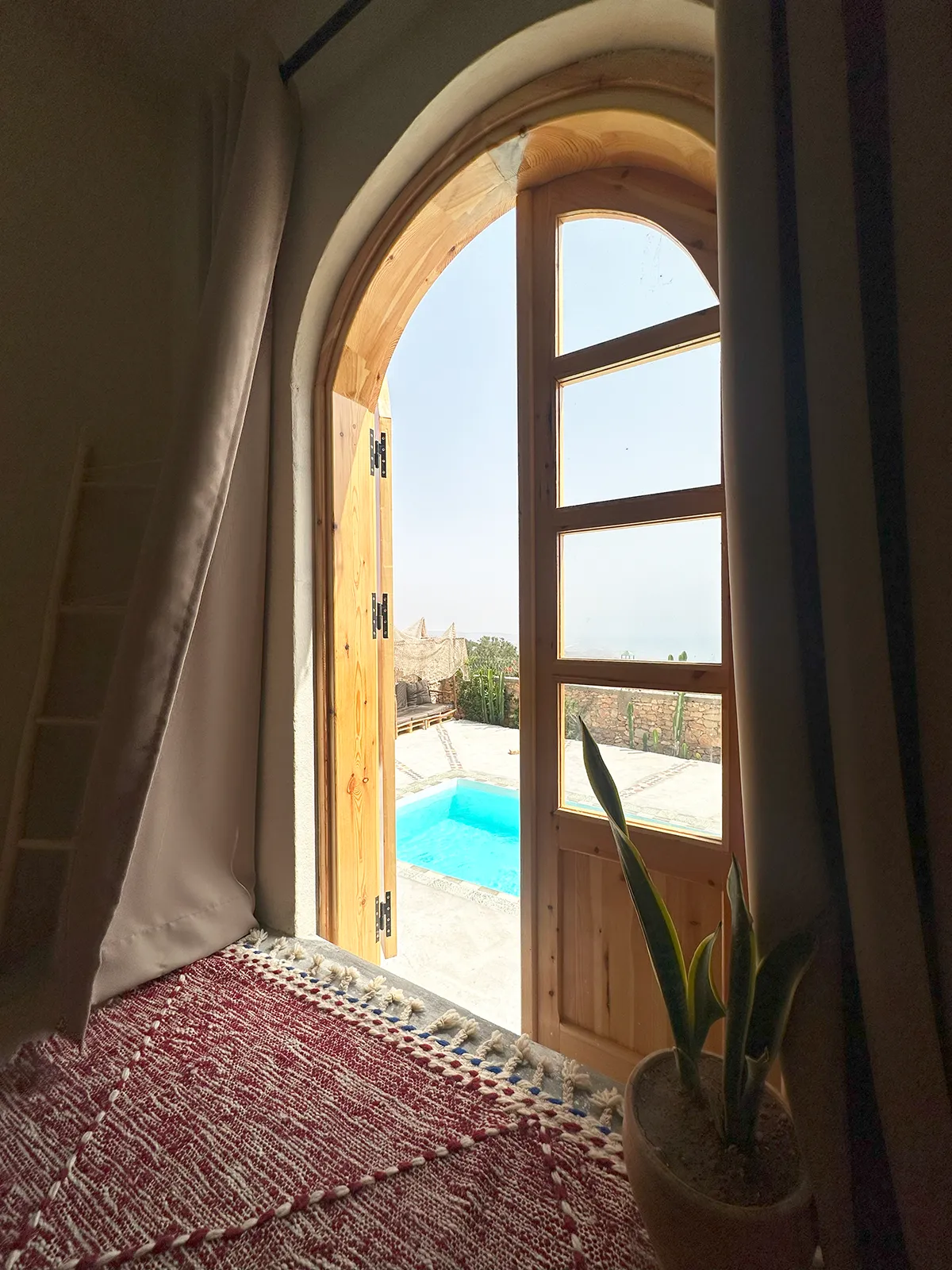 Double Private room at Taghazout Surf Villa with sea view and direct pool access for all-inclusive Moroccan surf stay