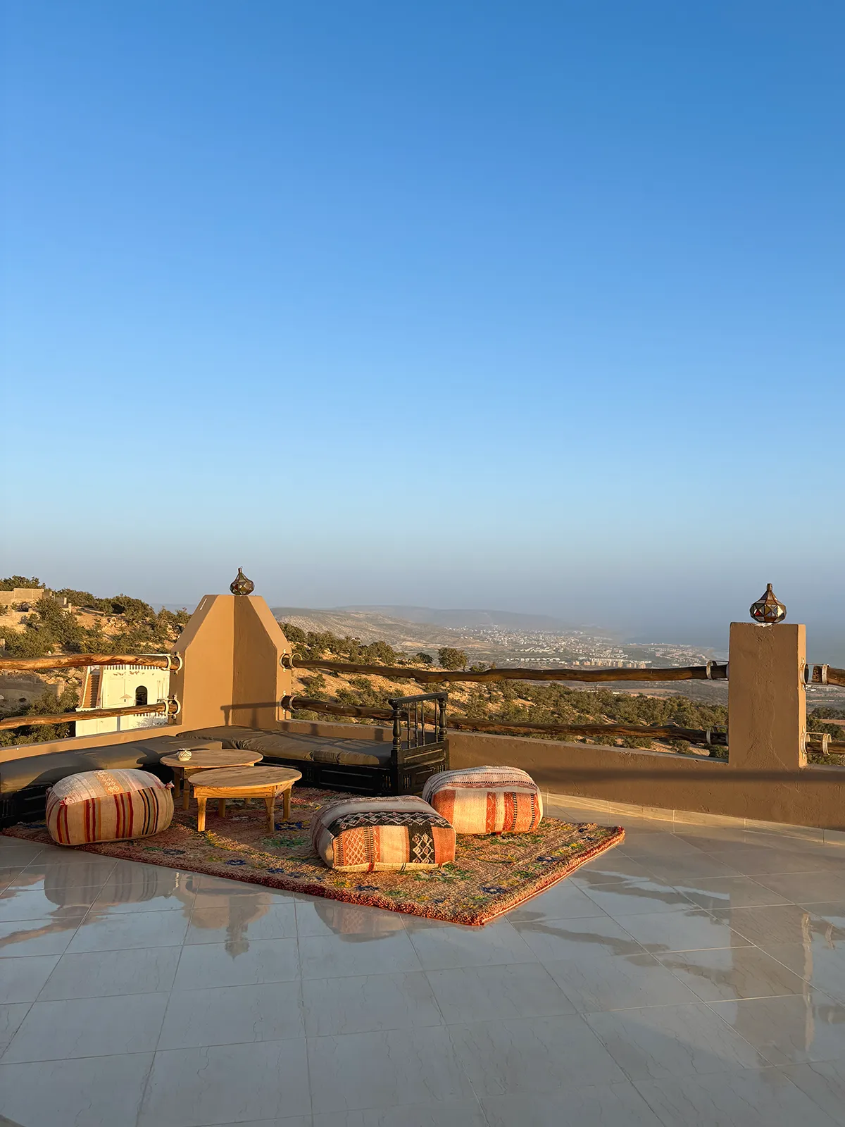 Rooftop terrace at Taghazout Surf Villa with panoramic sea views and Moroccan design for relaxing after surf sessions