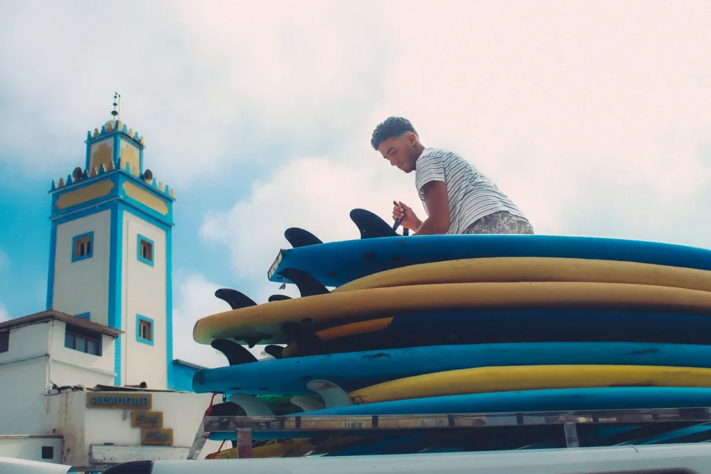 Surf lesson at Taghazout Surf Villa with local coach guiding all levels and offering technique-focused surf training in Morocco